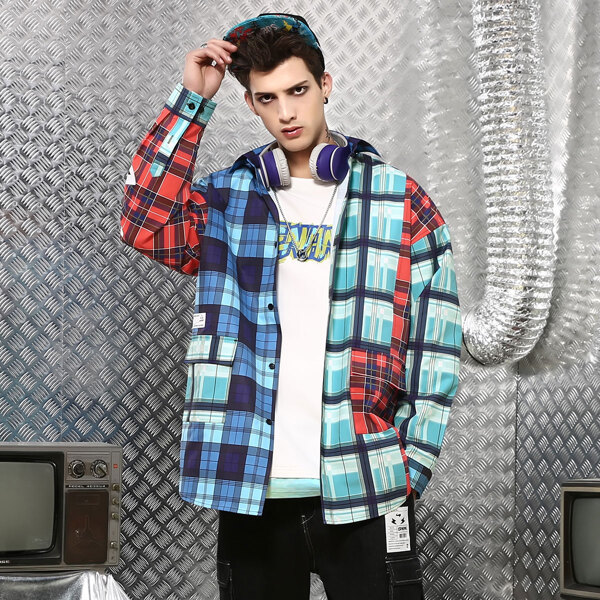 

Men Cartoon & Slogan Graphic Plaid Print Colorblock Jacket, Multicolor