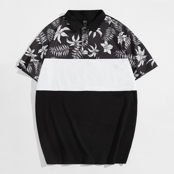 

Men Tropical Print Colorblock Polo Shirt, Black and white