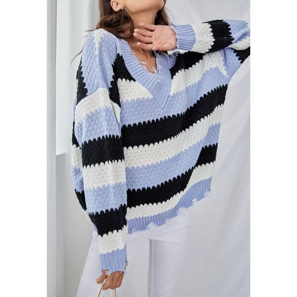 

Striped Drop Shoulder Distressed Sweater, Multicolor