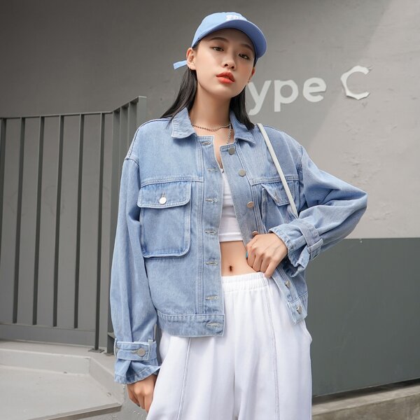 

Flap Pocket Drop Shoulder Button Front Denim Jacket, Baby blue