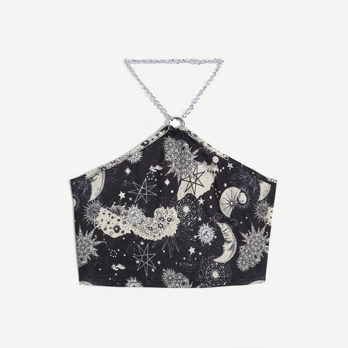 

Sun & Moon Graphic Chain Crop Halter Top, Multicolor