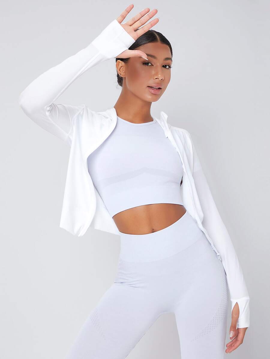 Thumb Holes Hooded Sports Jacket - White - View 1