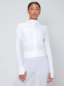 Thumb Holes Hooded Sports Jacket - White - View 5