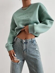 SHEIN Unity 字母刺繡落肩袖短款運動衫 - 薄荷綠 - 查看 3