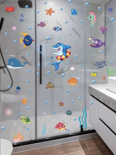Cartoon Fish Print Kids Wall Sticker, Cute Self Adhesive Wall At Decal For Home Decor, Stickers, Wall Decal, Vinyl Decal For Home Decorations, Spring Decoration Items Refresh Your Home, Festival Decoration Stickers Gifts Birthday Graduation