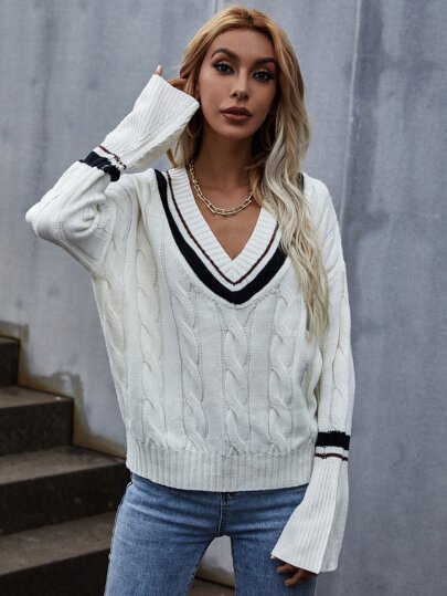 Flounce Sleeve Drop Shoulder Cricket Sweater