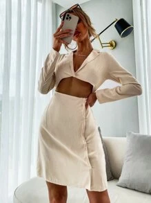 Aveloria Plunge Neck Cut Out Fitted Dress - Beige - View 1