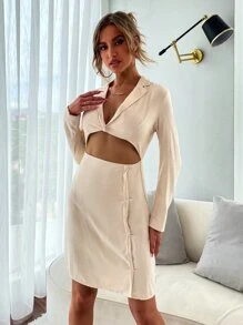 Aveloria Plunge Neck Cut Out Fitted Dress - Beige - View 3