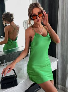 GENKIRA Draped Collar Crisscross Backless Cami Dress - Green - View 4