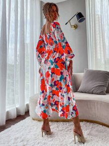 GENKIRA 印花打褶燈籠袖方領A字連衣裙 - 彩色 - 查看 2