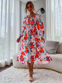 GENKIRA 印花打褶燈籠袖方領A字連衣裙 - 彩色 - 查看 3