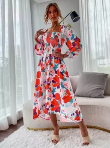 GENKIRA 印花打褶燈籠袖方領A字連衣裙 - 彩色 - 查看 4