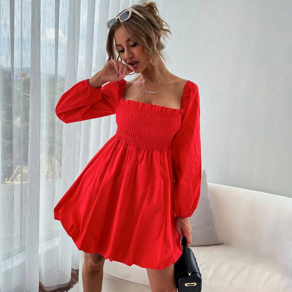

Bishop Sleeve Shirred A-line Dress, Red