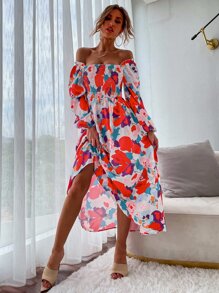 GENKIRA 印花打褶燈籠袖方領A字連衣裙 - 彩色 - 查看 5