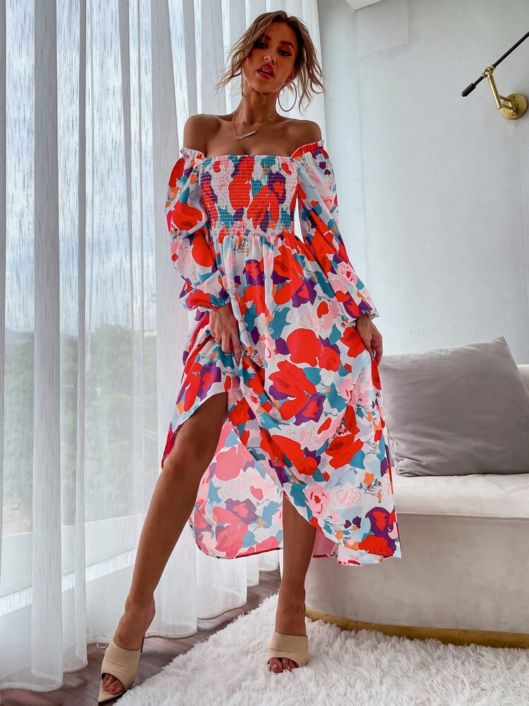 GENKIRA 印花打褶燈籠袖方領A字連衣裙 - 彩色 - 查看 5