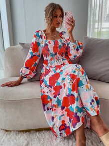 GENKIRA 印花打褶燈籠袖方領A字連衣裙 - 彩色 - 查看 6