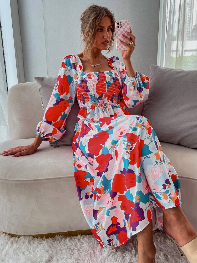 GENKIRA 印花打褶燈籠袖方領A字連衣裙 - 彩色 - 查看 6