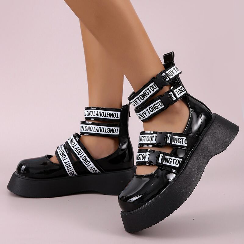 

Letter Graphic Ankle Buckle Mary Janes, Black