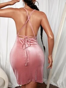SHEIN SXY 露背後背十字交叉掛脖連衣裙 - 粉色 - 查看 2