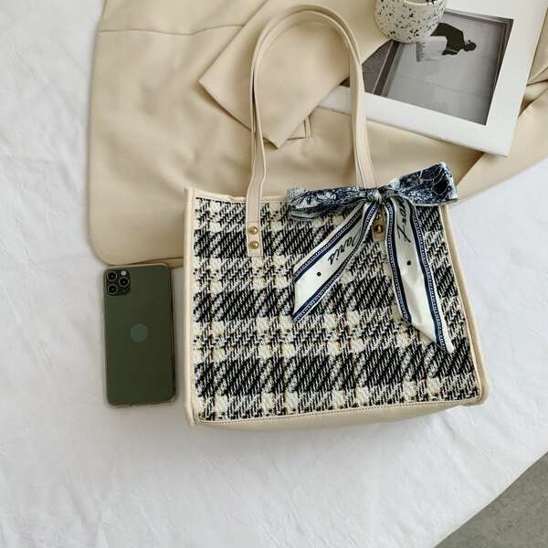 

Scarf Decor Tweed Shoulder Tote Bag, Black and white