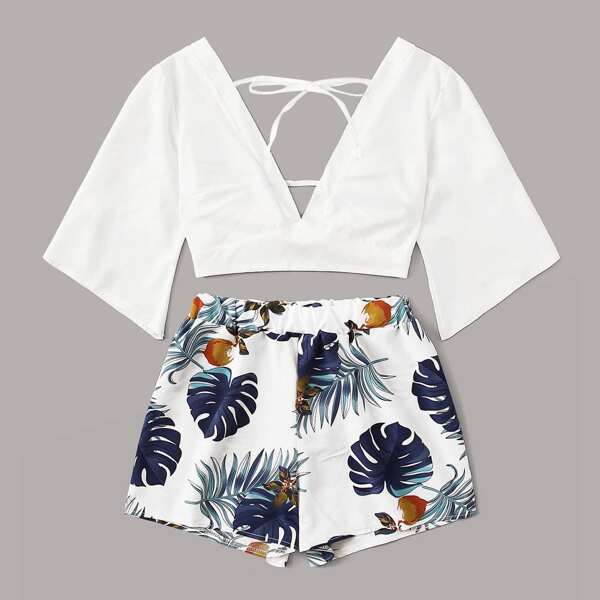 

Plus Plunging Top & Tropical Print Shorts Set, White