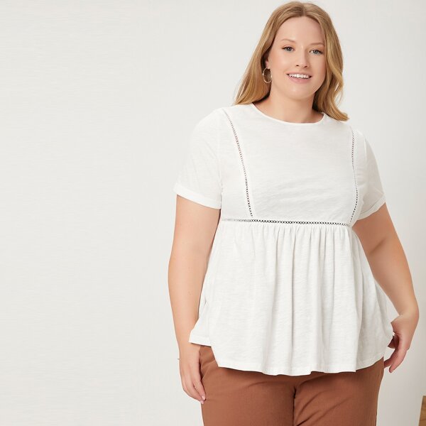 

Plus Lace Insert Solid Peplum Tee, White