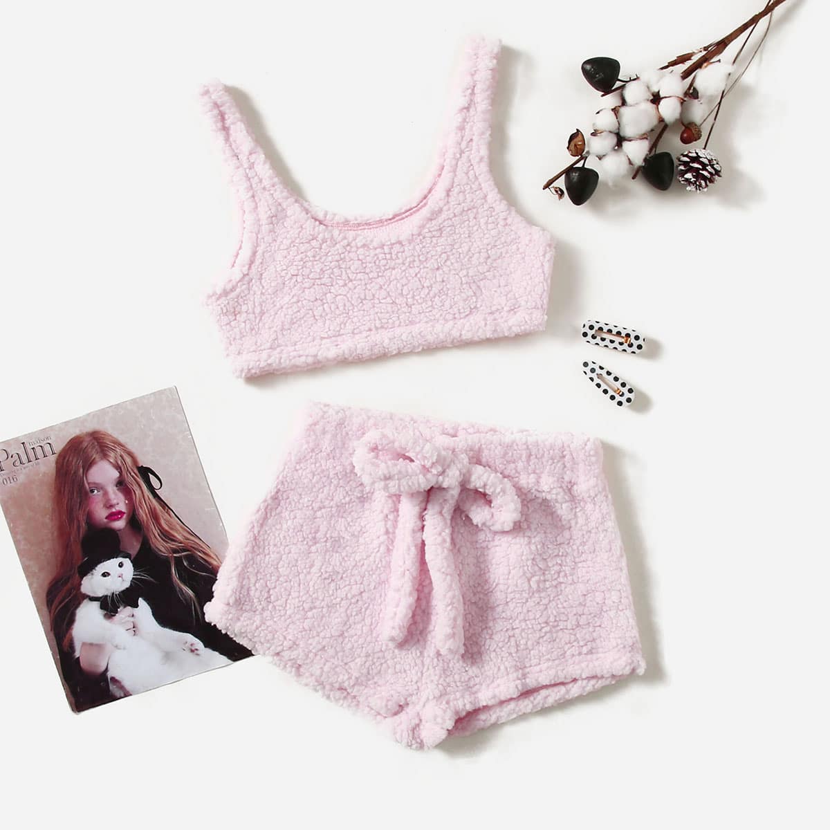 

Crop Flannel Tank Top & Knot Front Shorts PJ Set, Baby pink