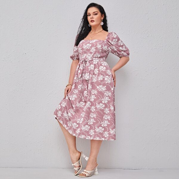 

Plus Square Neck Floral Print Belted Dress, Dusty pink