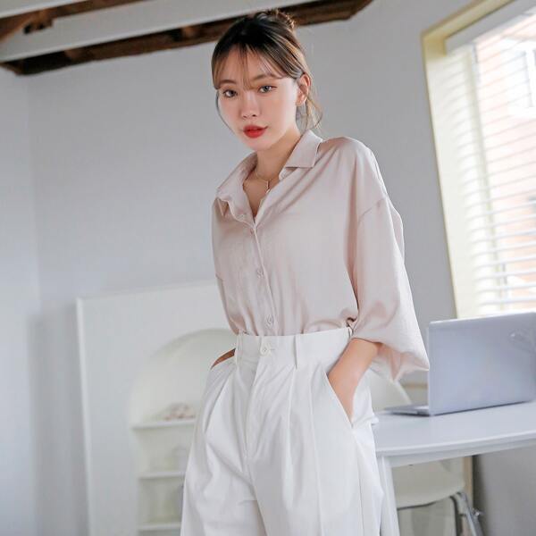 

Solid Button Through Drop Shoulder Blouse, Apricot