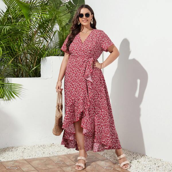 

Plus Ditsy Floral Knot Side Wrap Dress, Burgundy
