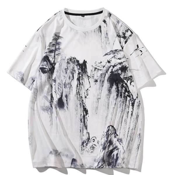 

Men Landscape Print Tee, Black and white