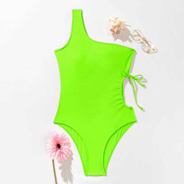 

Cut-out Waist One Shoulder One Piece Swimsuit, Lime green