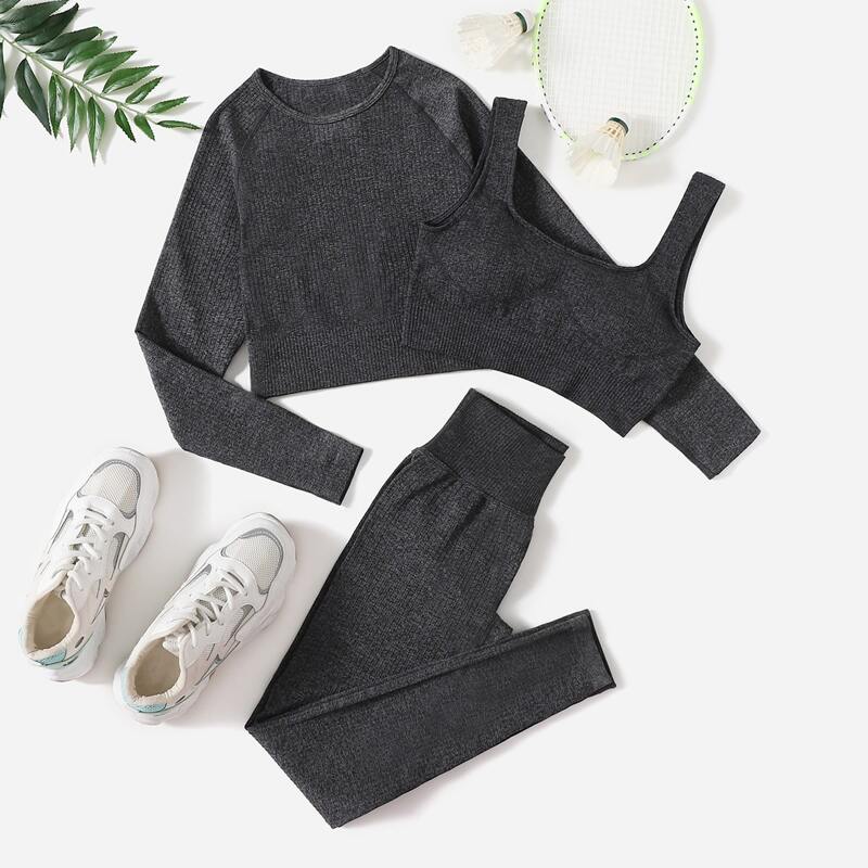 

3pc Rib-knit Push Up Tube & Raglan Sleeve Tee & Pants Sports Set, Dark grey