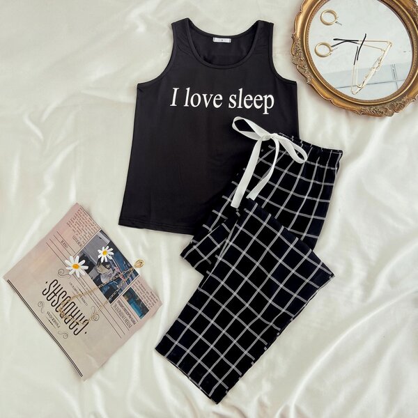

Slogan And Plaid Print PJ Set, Black