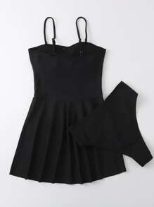 SHEIN Swim Summer Beach Solid Tankini Set Swim Cami Dress & Thong Bottom 2 Piece Separate Bathing Suit - Black - View 2