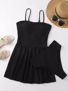 SHEIN Swim Summer Beach Solid Tankini Set Swim Cami Dress & Thong Bottom 2 Piece Separate Bathing Suit - Black - View 3