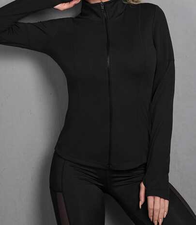 Solid Zip Up Sports Jacket With Thumb Holes