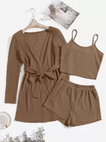 3pcs Waffle Knit Belted Lounge Set - Camel - View 1