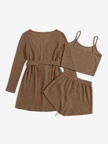 3pcs Waffle Knit Belted Lounge Set - Camel - View 2