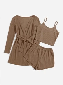 3pcs Waffle Knit Belted Lounge Set - Camel - View 3