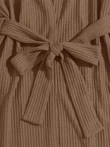 3pcs Waffle Knit Belted Lounge Set - Camel - View 5