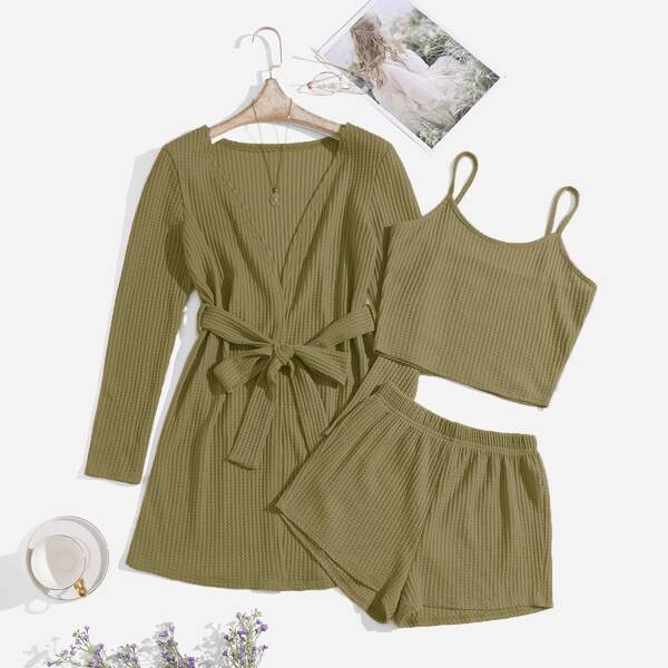 

3pcs Waffle Knit Belted Lounge Set, Army green