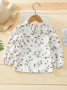 SHEIN 小女童印花燈籠袖木耳邊領蝴蝶結襯衫 - 白色 - 查看 2