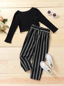 Niñitas tejido de canalé Top & con cinturón de rayas Pantalones - Negro - Ver 2