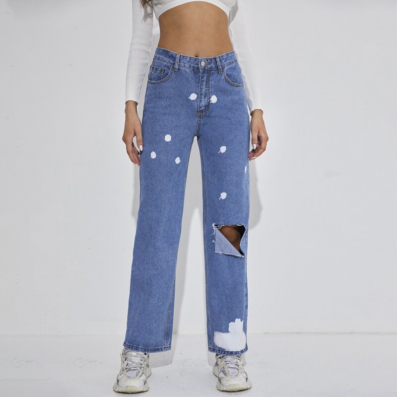 

Ripped High Waist Straight Leg Jeans, Medium wash