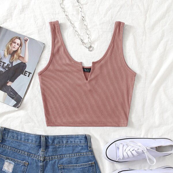 

Notch Neck Rib-knit Tank Top, Dusty pink