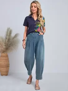 EMERY ROSE 彈性腰帶褶邊寬鬆牛仔褲