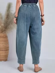 EMERY ROSE 彈性腰帶褶邊寬鬆牛仔褲