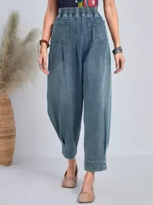 EMERY ROSE 彈性腰帶褶邊寬鬆牛仔褲