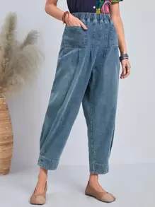 EMERY ROSE 彈性腰帶褶邊寬鬆牛仔褲